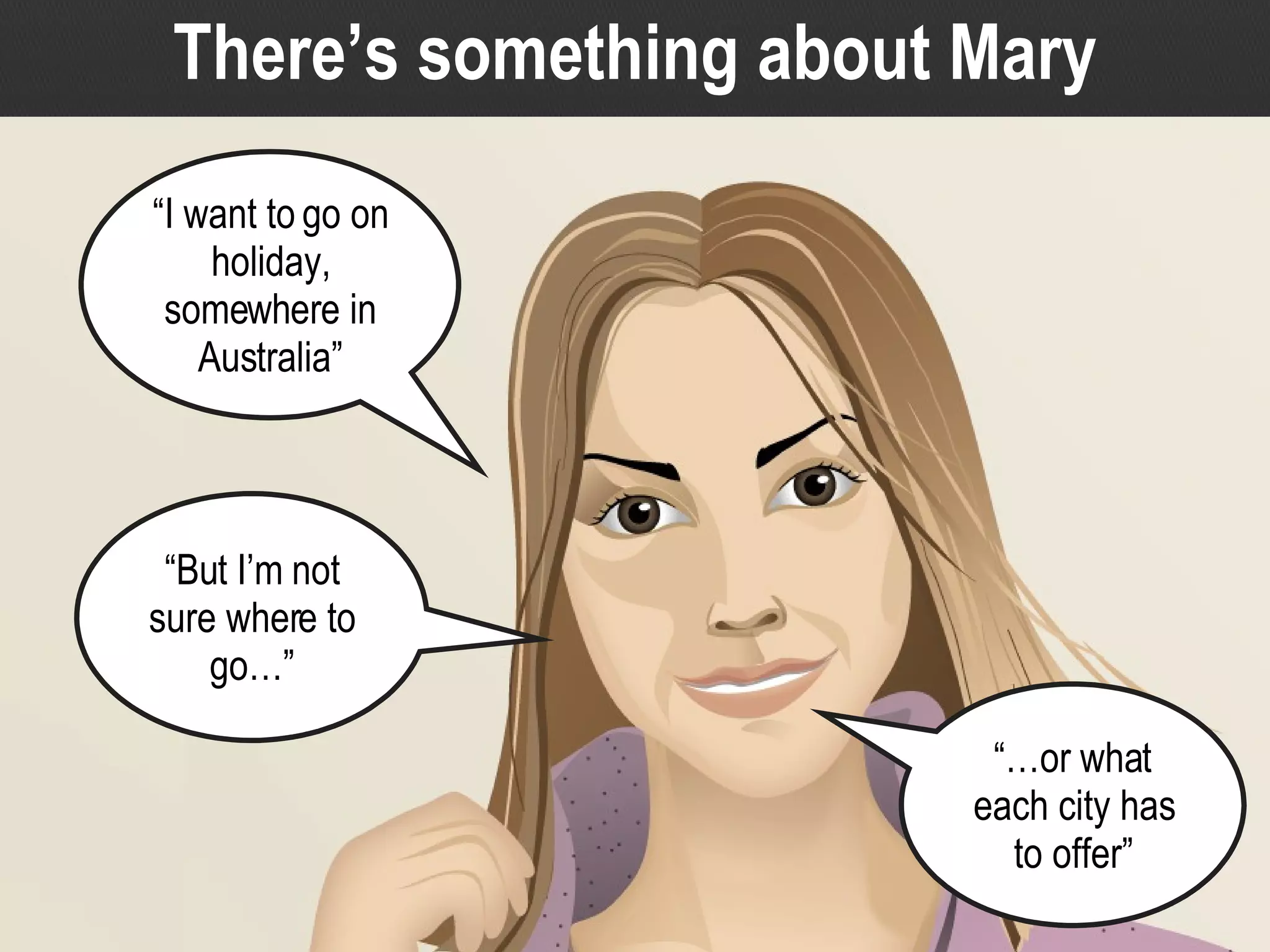 There’s something about Mary “ I want to go on holiday, somewhere in Australia” “ But I’m not sure where to go…” “… or what each city has to offer” 