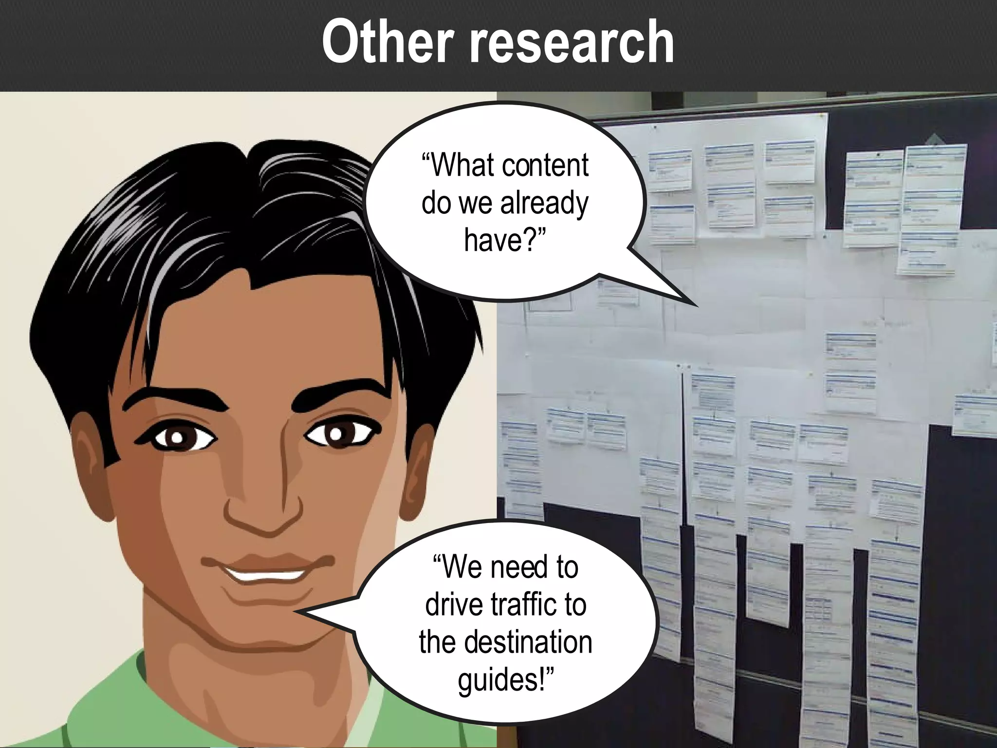 Other research “ We need to drive traffic to the destination guides!” “ What content do we already have?” 