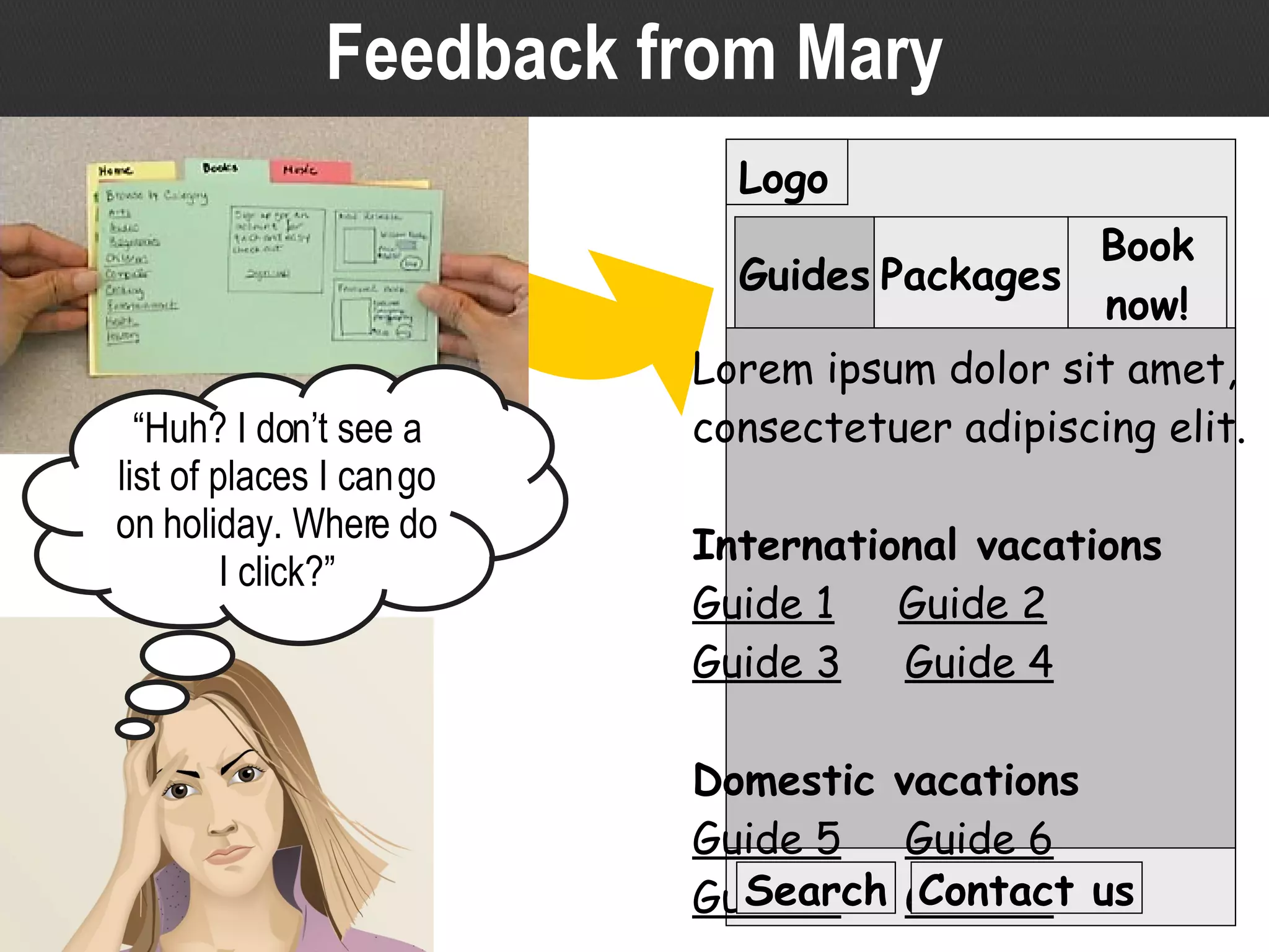 Logo Lorem ipsum dolor sit amet, consectetuer adipiscing elit. International vacations Guide 1   Guide 2 Guide 3   Guide 4 Domestic vacations Guide 5   Guide 6 Guide 7   Guide 8 Guides Packages Book now! Search Contact us Feedback from Mary “ Huh? I don’t see a list of places I can go on holiday. Where do I click?” 