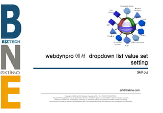 webdynpro 에서  dropdown list value set setting Skill cut [email_address] Copyright © 2006 by BNE Solution Consulting INC.  ALL RIGHTS RESERVED. No part of this publication may be reproduced, stored in a retrieval system, or transmitted in any form or by any means - electronic, mechanical, photocopying, recording, or otherwise- without the permission of BNE Solution Consulting.  This document provides an outline of a presentation and is incomplete without the accompanying oral commentary and discussion. 