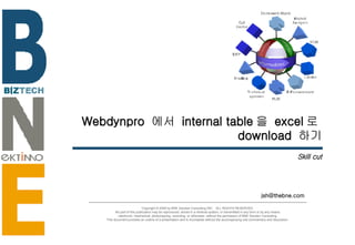 Webdynpro  에서  internal table 을  excel 로  download  하기 Skill cut [email_address] Copyright © 2006 by BNE Solution Consulting INC.  ALL RIGHTS RESERVED. No part of this publication may be reproduced, stored in a retrieval system, or transmitted in any form or by any means - electronic, mechanical, photocopying, recording, or otherwise- without the permission of BNE Solution Consulting.  This document provides an outline of a presentation and is incomplete without the accompanying oral commentary and discussion. 