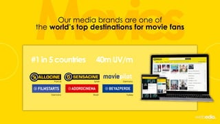MoviesOur media brands are one of
the world’s top destinations for movie fans
France Spain Germany
Germany Brazil Turkey
40m UV/m#1 in 5 countries
 