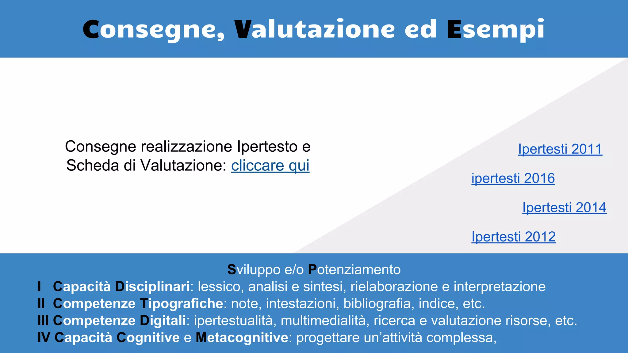 Sviluppo e/o Potenziamento
I Capacità Disciplinari: lessico, analisi e sintesi, rielaborazione e interpretazione
II Competenze Tipografiche: note, intestazioni, bibliografia, indice, etc.
III Competenze Digitali: ipertestualità, multimedialità, ricerca e valutazione risorse, etc.
IV Capacità Cognitive e Metacognitive: progettare un’attività complessa,
ipertesti 2016
Ipertesti 2014
Ipertesti 2012
Ipertesti 2011
Consegne, Valutazione ed Esempi
Consegne realizzazione Ipertesto e
Scheda di Valutazione: cliccare qui
 