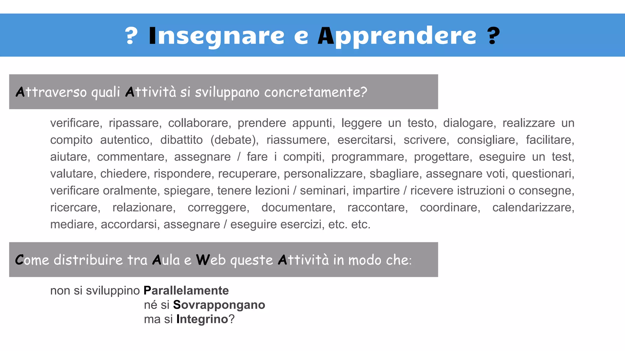 verificare, ripassare, collaborare, prendere appunti, leggere un testo, dialogare, realizzare un
compito autentico, dibattito (debate), riassumere, esercitarsi, scrivere, consigliare, facilitare,
aiutare, commentare, assegnare / fare i compiti, programmare, progettare, eseguire un test,
valutare, chiedere, rispondere, recuperare, personalizzare, sbagliare, assegnare voti, questionari,
verificare oralmente, spiegare, tenere lezioni / seminari, impartire / ricevere istruzioni o consegne,
ricercare, relazionare, correggere, documentare, raccontare, coordinare, calendarizzare,
mediare, accordarsi, assegnare / eseguire esercizi, etc. etc.
? Insegnare e Apprendere ?
Attraverso quali Attività si sviluppano concretamente?
non si sviluppino Parallelamente
né si Sovrappongano
ma si Integrino?
Come distribuire tra Aula e Web queste Attività in modo che:
 