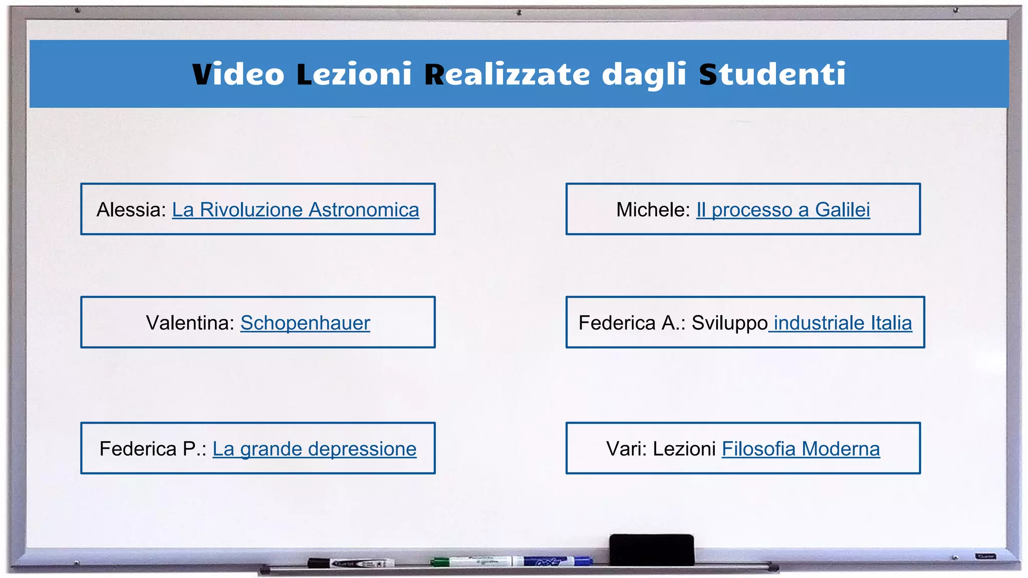 Video Lezioni Realizzate dagli Studenti
Alessia: La Rivoluzione Astronomica Michele: Il processo a Galilei
Valentina: Schopenhauer Federica A.: Sviluppo industriale Italia
Federica P.: La grande depressione Vari: Lezioni Filosofia Moderna
 