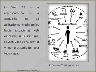 La Web 2.0 es la representación de la evolución de las aplicaciones tradicionales hacia aplicaciones web enfocadas al usuario final. El Web 2.0 es una actitud y no precisamente una tecnología.k12learning20.wikispaces.comes.wikipedia.org/wiki/Web_2.0