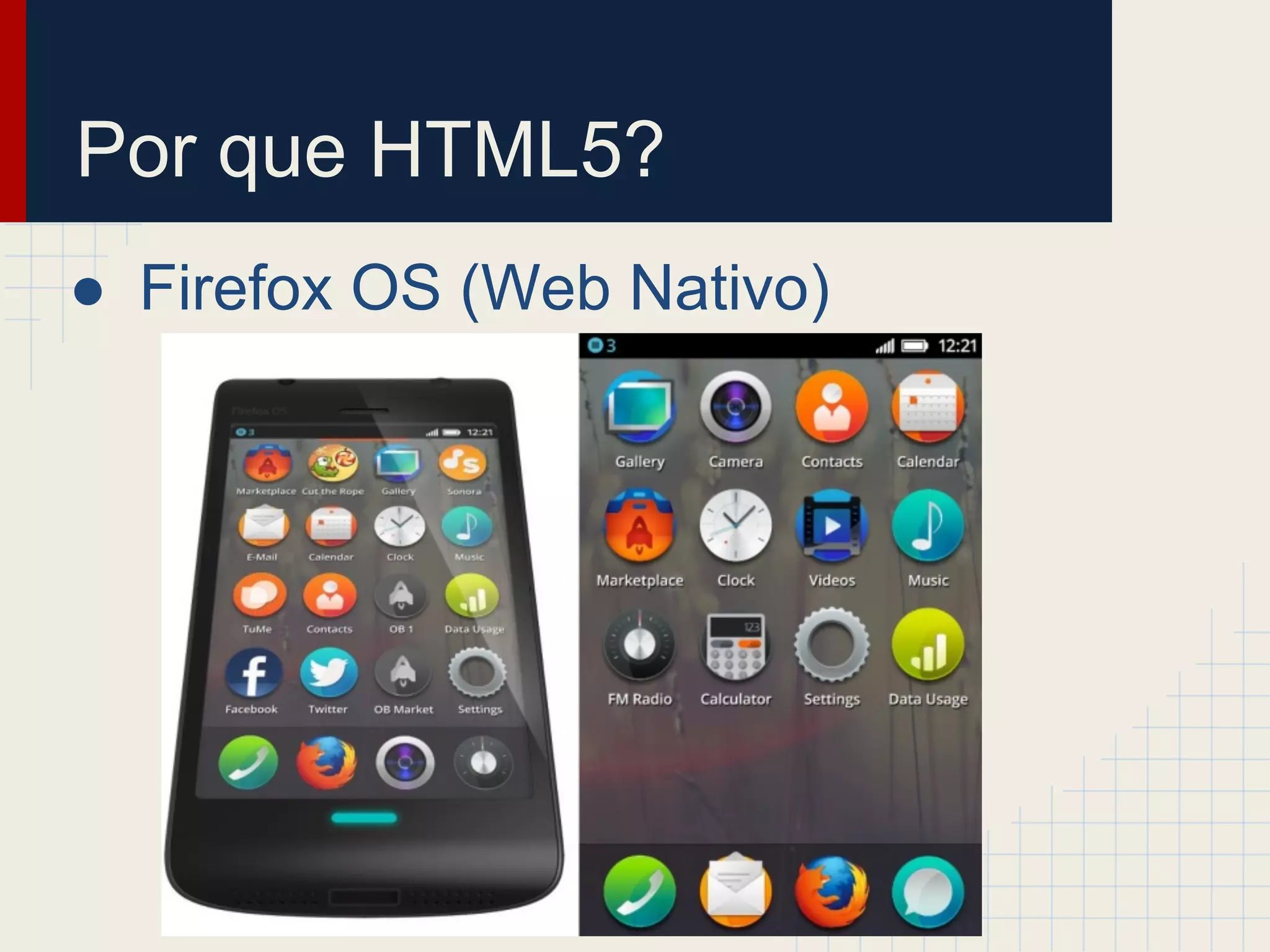 Por que HTML5?
● Firefox OS (Web Nativo)
 
