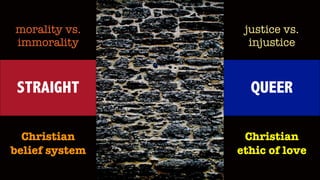 STRAIGHT QUEER
morality vs.
immorality
Christian
belief system
justice vs.
injustice
Christian
ethic of love
 