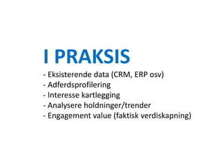 I PRAKSIS
- Eksisterende data (CRM, ERP osv)
- Adferdsprofilering
- Interesse kartlegging
- Analysere holdninger/trender
- Engagement value (faktisk verdiskapning)
 
