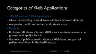 Categories of Web Applications
• Workflow-based Web applications
• allow the handling of workflows within or between different
• companies, public authorities, and private users
• Examples
• Business-to-Business solutions (B2B solutions) in e-commerce, e-
government applications in
• the area of public administration, or Web-based support of
patient workflows in the health sectors
h t t p s : / / d i g i t a l p a d m . c o m I N C H A R G E - A . P. PA N D E 7
 