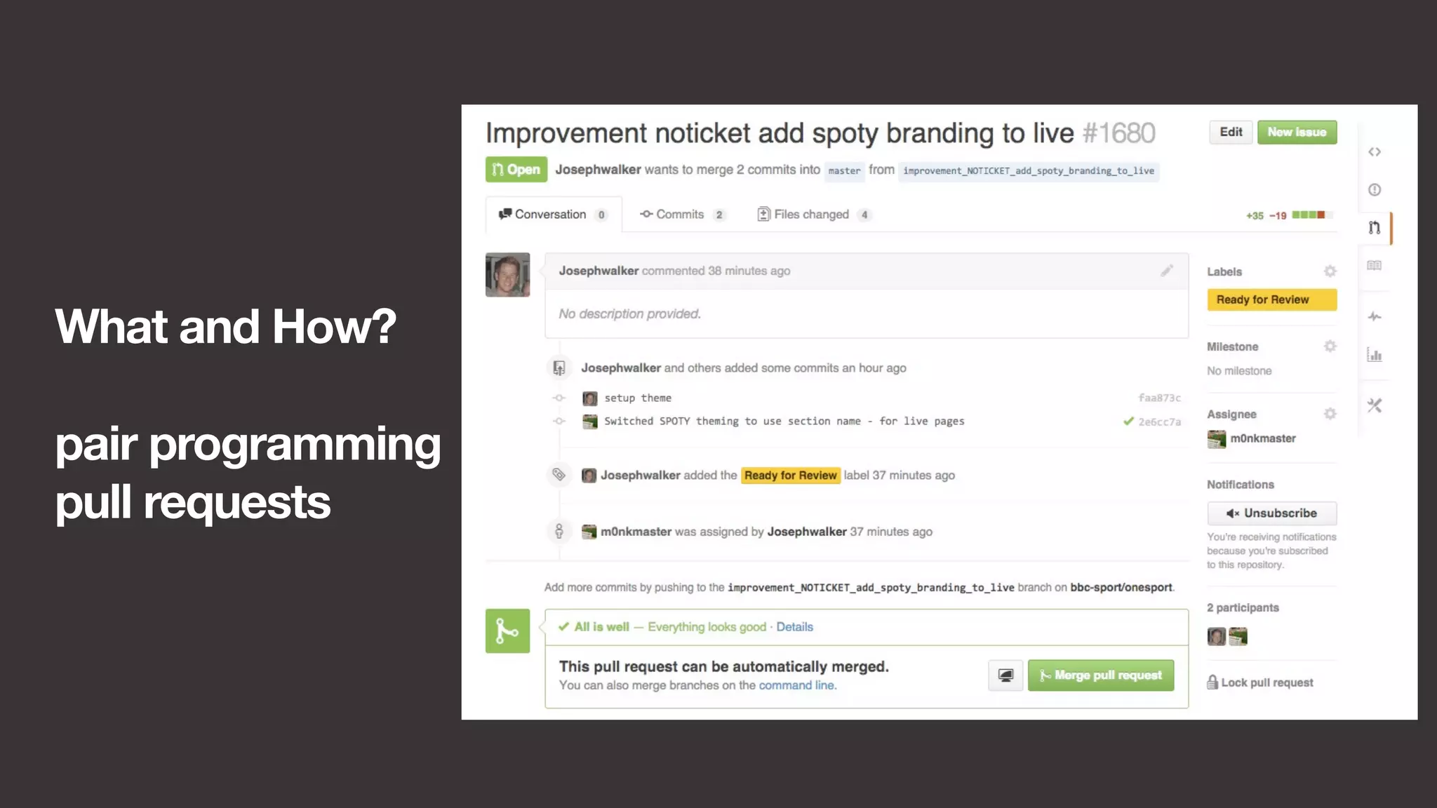 What and How? 
pair programming 
pull requests 
 