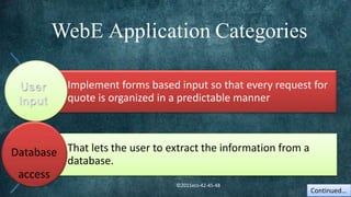 Implement forms based input so that every request for
           quote is organized in a predictable manner



Database That lets the user to extract the information from a
         database.
 access
                                 ©2011ecs-42-45-48
                                                                Continued…
 