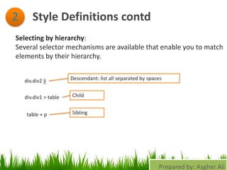 Style Definitions contd2
Selecting by hierarchy:
Several selector mechanisms are available that enable you to match
elements by their hierarchy.
div.div2 li Descendant: list all separated by spaces
div.div1 > table Child
table + p Sibling
Prepared by: Asgher Ali
 