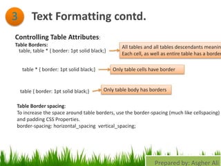 Text Formatting contd.3
Controlling Table Attributes:
Table Borders:
table, table * { border: 1pt solid black;}
All tables and all tables descendants meanin
Each cell, as well as entire table has a border
table * { border: 1pt solid black;} Only table cells have border
table { border: 1pt solid black;} Only table body has borders
Table Border spacing:
To increase the space around table borders, use the border-spacing (much like cellspacing)
and padding CSS Properties.
border-spacing: horizontal_spacing vertical_spacing;
Prepared by: Asgher Ali
 