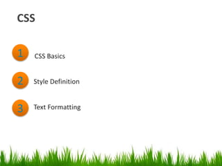CSS
1
2
3
Style Definition
Text Formatting
CSS Basics
 