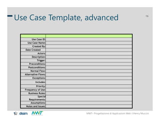 MWT– Progettazione di Applicazioni Web Henry Muccini
76
Use Case Template, advanced
Use Case ID:
Use Case Name:
Created B...