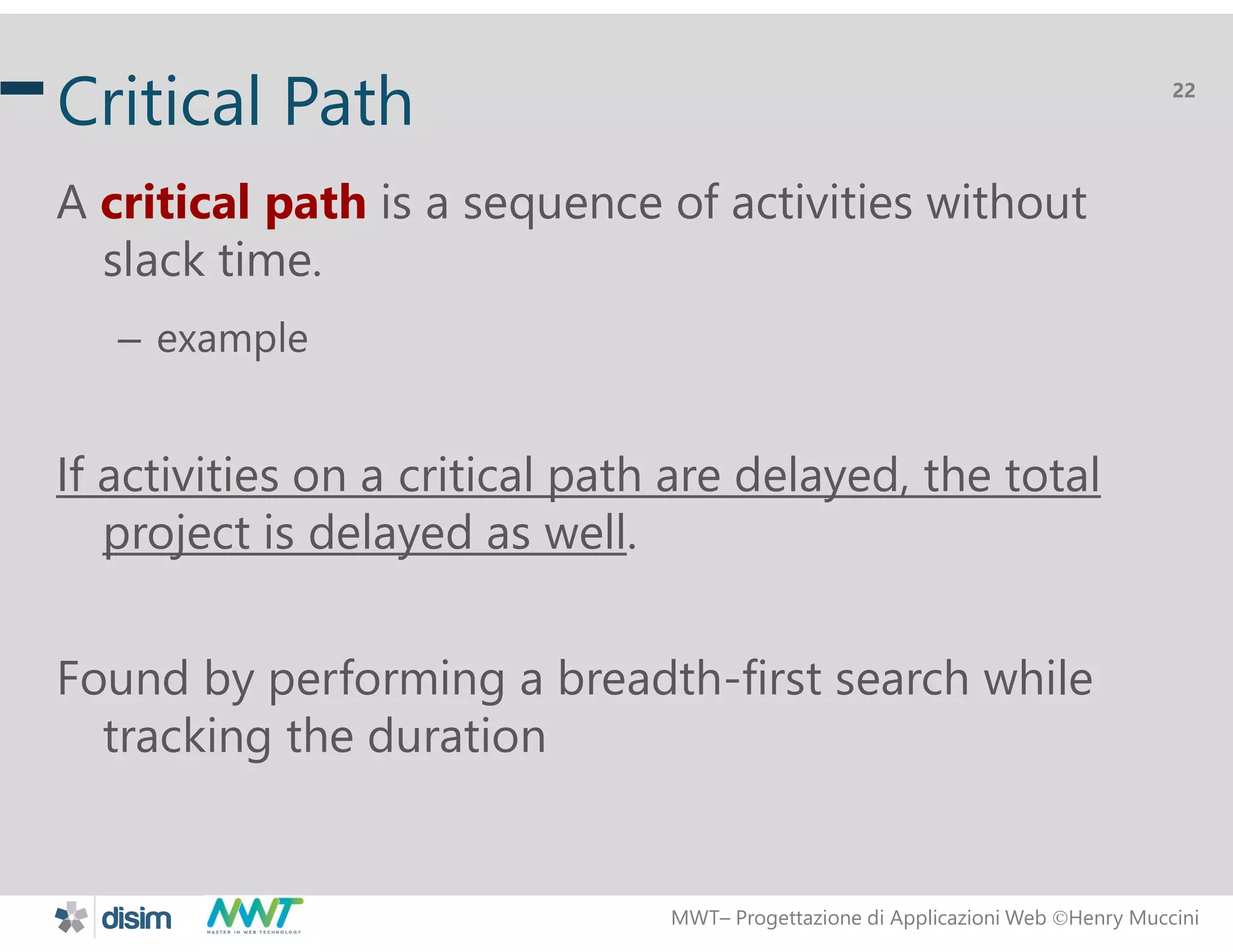 MWT&ndash; Progettazione di Applicazioni Web Henry Muccini
22
Critical Path
A critical path is a sequence of activities without
slack time.
&ndash; example
If activities on a critical path are delayed, the total
project is delayed as well.
Found by performing a breadth-first search while
tracking the duration
 