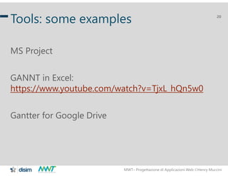 MWT– Progettazione di Applicazioni Web Henry Muccini
20
Tools: some examples
MS Project
GANNT in Excel:
https://www.youtu...
