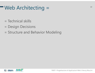 MWT– Progettazione di Applicazioni Web Henry Muccini
22
Web Architecting =
= Technical skills
= Design Decisions
= Structure and Behavior Modeling
 
