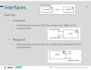 MWT– Progettazione di Applicazioni Web Henry Muccini
28
Interfaces
Can be:
• Provided
• Characterize services that the component offers to its
environment
• Required
• Characterize services that the component expects from its
environment
 
