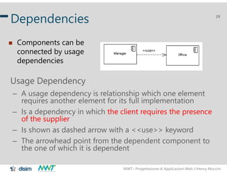 MWT– Progettazione di Applicazioni Web Henry Muccini
29
Dependencies
Usage Dependency
– A usage dependency is relationship which one element
requires another element for its full implementation
– Is a dependency in which the client requires the presence
of the supplier
– Is shown as dashed arrow with a <<use>> keyword
– The arrowhead point from the dependent component to
the one of which it is dependent
 Components can be
connected by usage
dependencies
 