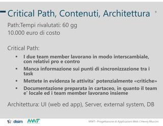 MWT– Progettazione di Applicazioni Web Henry Muccini
9
Critical Path, Contenuti, Architettura
Path:Tempi rivalutati: 60 g...