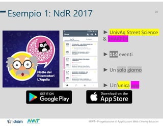 MWT– Progettazione di Applicazioni Web Henry Muccini
20
Esempio 1: NdR 2017
► UnivAq Street Science
& SHARPER
► 114 eventi
► Un solo giorno
► Un’unica app
 
