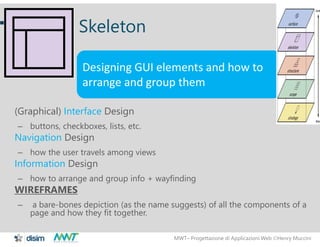 MWT– Progettazione di Applicazioni Web Henry Muccini
27
Skeleton
(Graphical) Interface Design
– buttons, checkboxes, lists, etc.
Navigation Design
– how the user travels among views
Information Design
– how to arrange and group info + wayfinding
WIREFRAMES
– a bare-bones depiction (as the name suggests) of all the components of a
page and how they ﬁt together.
Designing GUI elements and how to
arrange and group them
 