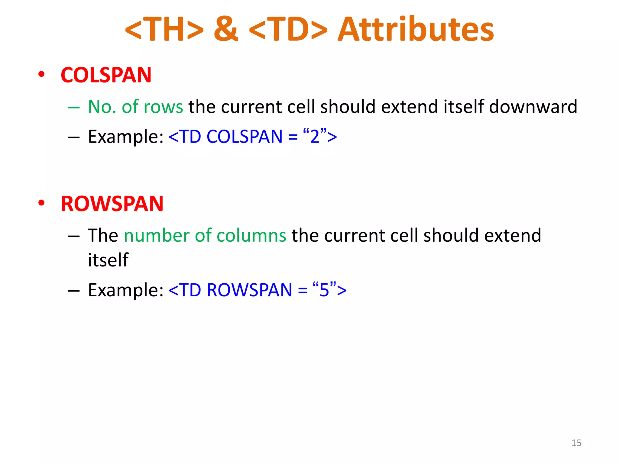 <TH> & <TD> Attributes
• COLSPAN
– No. of rows the current cell should extend itself downward
– Example: <TD COLSPAN = “2”>
• ROWSPAN
– The number of columns the current cell should extend
itself
– Example: <TD ROWSPAN = “5”>
15
 