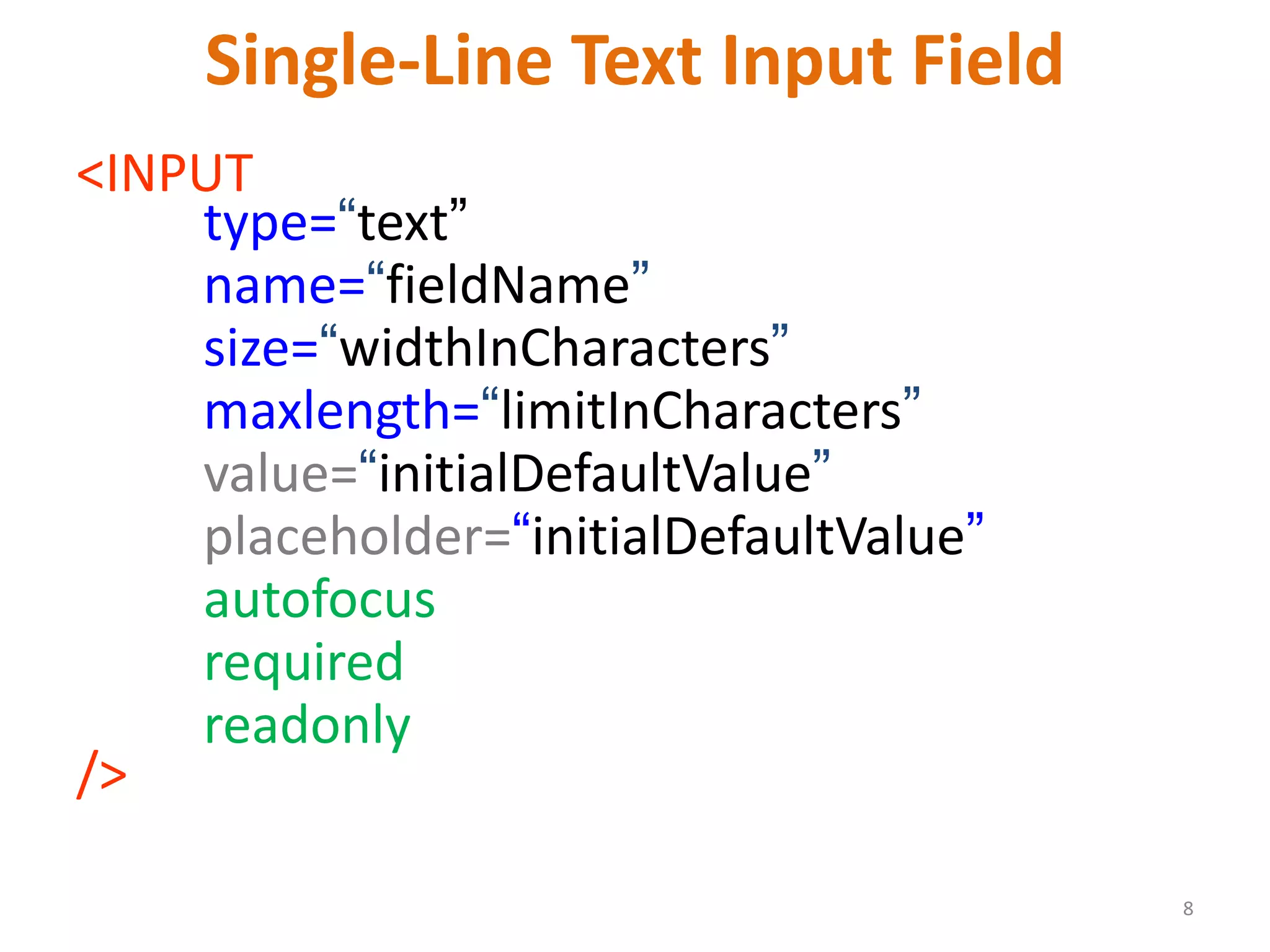 8 Single-Line Text Input Field <INPUT type=“text” name=“fieldName” size=“widthInCharacters” maxlength=“limitInCharacters” value=“initialDefaultValue” placeholder=“initialDefaultValue” autofocus required readonly /> 