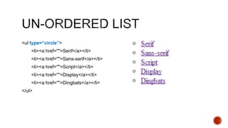 <ul type=“circle”> 
<li><a href="">Serif</a></li> 
<li><a href="">Sans-serif</a></li> 
<li><a href="">Script</a></li> 
<li><a href="">Display</a></li> 
<li><a href="">Dingbats</a></li> 
</ul> 
 