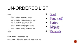 <ul> 
<li><a href="">Serif</a></li> 
<li><a href="">Sans-serif</a></li> 
<li><a href="">Script</a></li> 
<li><a href="">Display</a></li> 
<li><a href="">Dingbats</a></li> 
</ul> 
<ul>...</ul> Unordered list 
<li>...</li> List item within an unordered list 
 