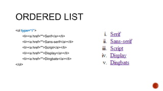 <ol type=“i”> 
<li><a href="">Serif</a></li> 
<li><a href="">Sans-serif</a></li> 
<li><a href="">Script</a></li> 
<li><a href="">Display</a></li> 
<li><a href="">Dingbats</a></li> 
</ol> 
 