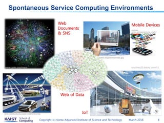 Spontaneous Service Computing Environments
March 2016Copyright (c) Korea Advanced Institute of Science and Technology 8
www.say-
service.com/approach.php...ang%3
Den
http://www.augmented.org/pix/arconcept.jpg
Web of Data
Web
Documents
& SNS
ryuchiso20.tistory.com/13
dret.net/lectures/web-fall09/trends IoT
Mobile Devices
www.opte.org/maps
 