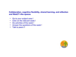 Collaboration, cognitive flexibility, shared learning, and reflection and WebCT–like spaces  Go to your subject area !  Click on the relevant week ! Do activities of the week ! Answer the questions of the week ! Talk to peers !!   