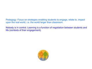Pedagogy: Focus on strategies enabling students to engage, relate to, impact upon the real world, i.e. the world larger than classroom.   Nobody is in control. Learning is a function of negotiation between students and life (contexts of their engagement).  