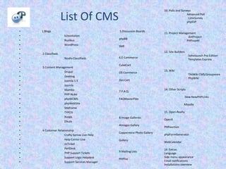 List Of CMS
• 1.Blogs
• b2evolution
• Nucleus
• WordPress
•
• 2.Classifieds
• Noahs Classifieds
•
• 3.Content Management
• Drupal
• Geeklog
• Joomla 1.5
• Joomla
• Mambo
• PHP-Nuke
• phpWCMS
• phpWebSite
• Siteframe
• TYPO3
• Xoops
• Zikula
•
• 4.Customer Relationship
• Crafty Syntax Live Help
• Help Center Live
• osTicket
• PerlDesk
• PHP Support Tickets
• Support Logic Helpdesk
• Support Services Manager
5.Discussion Boards
phpBB
SMF
6.E-Commerce
CubeCart
OS Commerce
Zen Cart
7.F.A.Q.
FAQMasterFlex
8.Image Galleries
4Images Gallery
Coppermine Photo Gallery
Gallery
9.Mailing Lists
PHPlist
10. Polls and Surveys
Advanced Poll
LimeSurvey
phpESP
11. Project Management
dotProject
PHProjekt
12. Site Builders
Soholaunch Pro Edition
Templates Express
13. Wiki
TikiWiki CMS/Groupware
PhpWiki
14. Other Scripts
Dew-NewPHPLinks
Moodle
15. Open-Realty
OpenX
PHPauction
phpFormGenerator
WebCalendar
16. Extras
Language
Side menu appearance
Email notifications
Installations overview
 