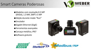 ■Modelos com resolução 0.3 MP
(XVGA), 1.3 MP, 2MP e 5 MP
■Edição durante modo “Run”
■Emulador
■Gigabit Ethernet (GigE)
■Ferramentas avançadas
■Carcaça metálica, IP67
■Software gratuito
/TCP
Smart Cameras Poderosas
 