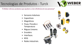 “A Weber oferece produtos que ajudam a criar eficiência em seu processo”
• Sensores Indutivos
• Capacitivos
• Magnéticos
• Fluxo, Pressão e
Temperatura
• Réguas Lineares
• Encoders
• Interfaces
• RFID
• Redes Industriais
Tecnologias de Produtos - Turck
 