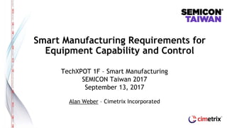 TechXPOT 1F – Smart Manufacturing
SEMICON Taiwan 2017
September 13, 2017
Alan Weber – Cimetrix Incorporated
Smart Manufacturing Requirements for
Equipment Capability and Control
 