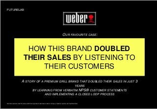 HOW THIS BRAND DOUBLED
THEIR SALES BY LISTENING TO
THEIR CUSTOMERS
FUTURELAB
Net Promoter Score, Net Promoter and NPS are registered trademarks of Bain & Company, Satmetrix Systems and Fred Reichheld
A STORY OF A PREMIUM GRILL BRAND THAT DOUBLED THEIR SALES IN JUST 3
YEARS
BY LEARNING FROM VERBATIM NPS® CUSTOMER STATEMENTS
AND IMPLEMENTING A CLOSED LOOP PROCESS
OUR FAVOURITE CASE:
 