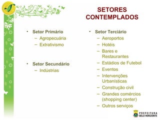 SETORES
CONTEMPLADOS
• Setor Primário
– Agropecuária
– Extrativismo
• Setor Secundário
– Indústrias
• Setor Terciário
– Aeroportos
– Hotéis
– Bares e
Restaurantes
– Estádios de Futebol
– Eventos
– Intervenções
Urbanísticas
– Construção civil
– Grandes comércios
(shopping center)
– Outros serviços
 