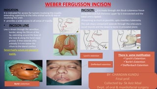 WEBER FERGUSSON INCISON
INDICATION:
It is indicated for access for tumors involving the maxilla
extending superiorly to the infra orbital nerve & into or
involving the orbit.
It provides a wide access to all areas of maxilla.
• INCISON LINE
Line is drown through the vermillion
border, along the filtrum of the
lip, extending around the base of
the nose & along the facial nasal
groove. It then extends infra
orbitally 3-4 mm below the
cilium to the lateral canthus
Tarsorrhaphy suture are placed in
eyelid.
INCISON: it is made through skin &sub cutaneous tissue
along the nose.full thickness upper lip is transsected and the
labial artery ligated.
•Preserving as much as possible, upto maxillary tuberosity.
The sub ciliary component extends through the orbiculoris
occuli muscle and the down to bone in preseptal plane.
BY- CHANDAN KUNDU
Final prof.
Collected by- Sk Aziz Ikbal
Dept. of oral & maxillofacial surgery
Dieffenbach extention
Lynch’s extention
Borle’s extention
There is some motification
Lynch’s Extention
Borle’s Extention
Dieffenbach Extention
 