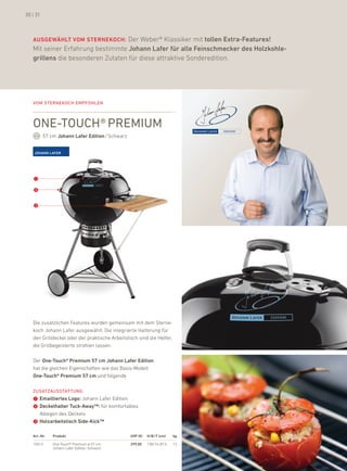 30 | 31



   ausGEWÄHlt vOM stErNEKOcH: der Weber® klassiker mit tollen Extra-Features!
   Mit seiner erfahrung bestimmte Johann lafer für alle Feinschmecker des Holzkohle-
   grillens die besonderen Zutaten für diese attraktive Sonderedition.




   Vom sternekoch emPFohlen



   one-touch® Premium
          57 cm Johann lafer Edition / Schwarz




   ➊
   ➋

   ➌




   die zusätzlichen features wurden gemeinsam mit dem Sterne-
   koch Johann lafer ausgewählt. die integrierte halterung für
   den Grilldeckel oder der praktische arbeitstisch sind die helfer,
   die Grillbegeisterte strahlen lassen.

   der One-touch® Premium 57 cm Johann lafer Edition
   hat die gleichen eigenschaften wie das basis-Modell
   One-touch® Premium 57 cm und folgende

   ZusatZausstattung:
   ➊ Emailliertes logo: Johann lafer edition
   ➋ Deckelhalter tuck-away™: für komfortables
       ablegen des deckels
   ➌ Holzarbeitstisch side-Kick™

   art.-Nr.   Produkt                            uvP (€)   H/B /t (cm)   kg

   10013      one-Touch® premium Ø 57 cm         299,00    108/74/87,5   13
              Johann lafer edition, Schwarz
 