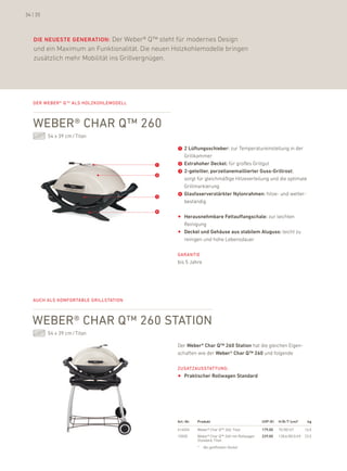 34 | 35



   DiE NEuEstE GENEratiON: der Weber® Q™ steht für modernes design
   und ein Maximum an funktionalität. die neuen holzkohlemodelle bringen
   zusätzlich mehr Mobilität ins Grillvergnügen.




   der weber® Q™ als holZkohlemodell



   weber® char Q™ 260
          54 x 39 cm / Titan

                                                 ➊ 2 lüftungsschieber: zur Temperatureinstellung in der
                                                   Grillkammer
                                         ➊       ➋ Extrahoher Deckel: für großes Grillgut
                                                 ➌ 2-geteilter, porzellanemaillierter Guss-Grillrost:
                                         ➋
                                                   sorgt für gleichmäßige hitzeverteilung und die optimale
                                                   Grillmarkierung

                                         ➌       ➍ Glasfaserverstärkter Nylonrahmen: hitze- und wetter-
                                                   beständig

                                         ➍
                                                 •   Herausnehmbare Fettauffangschale: zur leichten
                                                     reinigung
                                                 •   Deckel und Gehäuse aus stabilem aluguss: leicht zu
                                                     reinigen und hohe lebensdauer

                                                 garantie
                                                 bis 5 Jahre




   auch als komFortable grillstation



   weber® char Q™ 260 station
          54 x 39 cm / Titan

                                                 der Weber® char Q™ 260 station hat die gleichen eigen-
                                                 schaften wie der Weber® char Q™ 260 und folgende

                                                 ZusatZausstattung:
                                                 •   Praktischer rollwagen standard




                                                 art.-Nr.   Produkt                            uvP (€)   H/B /t (cm)*     kg

                                                 616004     Weber® Char Q™ 260, Titan          179,00    70/80/67        16,5
                                                 10000      Weber® Char Q™ 260 mit rollwagen   229,00    128,6/80,5/69   23,5
                                                            Standard, Titan
                                                            *   Bei geöffnetem Deckel
 