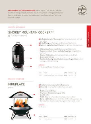 BEsONDErEs OutDOOr-vErGNüGEN bietet Weber® mit seinen Spezial-
modellen: langsames Garen und räuchern für den außergewöhnlichen                                                           H
                                                                                                                               OL          L




                                                                                                                                       E
Geschmack oder sicheres und sauberes lagerfeuer auf der Terrasse                                                                    ZKOH

oder im Garten.




komPakter doPPeldecker



smokey mountain cooker™




                                                                                                                                               HOlZKOHlEGrills
   47 cm / Schwarz (2 ebenen)

                                        ➊ im Deckel integriertes thermometer: zur Temperaturkontrolle während
                                          des Grillens
                                        ➋ Große öffnung: zum nachlegen von briketts und räucherchips
                                ➊       ➌ 3 getrennt regulierbare Zuluftöffnungen: zur optimalen hitzeregulierung

                                        •   2 Ebenen zum räuchern und Grillen: vielseitige Möglichkeiten
                                        •   Porzellanemaillierte Wasser- und Fettauffangschale: Grillgut trocknet
                                            nicht aus
                                        •   Massiver Kohlerost: Zuluft zirkuliert gleichmäßig um die briketts
                                        •   2 verchromte Grillroste
                                ➋
                                        •   Qualitativ hochwertige abdeckhaube im lieferumfang enthalten: schützt
                                            vor regen und Verschmutzung

                                        garantie
                                ➌       bis 10 Jahre auf deckel, Mittelteil und kessel



                                        art.-Nr.   Produkt                                    uvP (€)   H/B /t (cm)   kg

                                        721001     Smokey Mountain Cooker™ Ø 47 cm, Schwarz   389,00    102/47/47     20


genuss mit atmosPhäre



FirePlace                               ➊ Emaillierter Deckel und emaillierte Bodenwanne
Schwarz                                 ➋ Hitzeschild: mindert die Wärmeabstrahlung nach unten

                                        •   stabile, verzinkte streben
                                        •   angenehme Wärmeabstrahlung zur seite
                                    ➊   •   2 stabile Griffe
                                        •   stabile Beine: für sicheren Stand, auch auf unebenem boden
                                        •   Deckel und Mittelteil: einzeln abnehmbar, durch direktes aufsetzen des
                                            deckels auf den kessel kann das feuer ganz einfach erstickt werden

                                        garantie
                                        bis 10 Jahre




                                    ➋
                                        art.-Nr.   Produkt                                    uvP (€)   H/B /t (cm)   kg

                                        2726       fireplace, Schwarz                         175,00    80/72/72      18
 