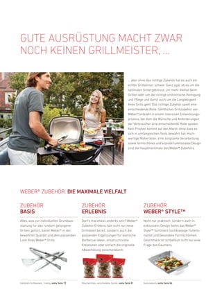 Gute ausrüstunG macht zWar
nOch keinen Grillmeister, …

                                                                                              … aber ohne das richtige Zubehör hat es auch ein
                                                                                              echter Grillkönner schwer. Ganz egal, ob es um die
                                                                                              optimalen Grillergebnisse, um mehr Vielfalt beim
                                                                                              Grillen oder um die richtige und einfache reinigung
                                                                                              und pflege und damit auch um die langlebigkeit
                                                                                              ihres Grills geht: das richtige Zubehör spielt eine
                                                                                              entscheidende rolle. Sämtliches Grillzubehör von
                                                                                              Weber® entsteht in einem intensiven entwicklungs-
                                                                                              prozess, bei dem die Wünsche und anforderungen
                                                                                              der Verbraucher eine entscheidende rolle spielen.
                                                                                              kein produkt kommt auf den Markt, ohne dass es
                                                                                              sich in umfangreichen Tests bewährt hat. hoch-
                                                                                              wertige Materialien, eine sorgsame Verarbeitung
                                                                                              sowie formschönes und erprobt funktionales design
                                                                                              sind die hauptmerkmale des Weber® Zubehörs.




Weber® Zubehör: DiE MaxiMalE viElFalt

Zubehör                                            Zubehör                                              Zubehör
Basis                                              ErlEBNis                                             WEBEr® stylE™
alles, was zur individuellen Grundaus-             darf’s mal etwas anderes sein? Weber®                nicht nur praktisch, sondern auch in
stattung für das rundum gelungene                  Zubehör erlebnis hält nicht nur neue                 exklusivem design bietet das Weber®
Grillen gehört, bietet Weber® in der               Grillideen bereit, sondern auch die                  Style™ Sortiment hochklassige funktio-
bewährten Qualität und dem passenden               passenden ergänzungen für exotische                  nalität und besondere formschönheit.
look ihres Weber® Grills.                          barbecue-ideen, anspruchsvolle                       Geschmack ist schließlich nicht nur eine
                                                   kreationen oder einfach die originelle               frage des Gaumens.
                                                   abwechslung zwischendurch.




edelstahl-Grillbesteck, 3-teilig, siehe seite 72   räucherchips, verschiedene Sorten, siehe seite 81    Gemüsekorb, siehe seite 86
 
