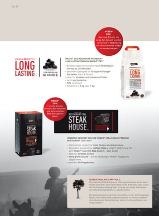 70 | 71




                                                                          weber®
                                                                            Tipp:
                                                                   wenn die briketts nur
                                                                 kurze Zeit benutzt wurden,
                                                                  können sie in Verbindung
                                                                 mit neuen briketts wieder
                                                                     verwendet werden.



                                 Was ist Das BEsONDErE aN WEBEr®
                                 lONG lastiNG PrEMiuM BriQuEttEs?

                                 • briketts haben eine extrem lange brenndauer
                                   von bis zu 240 minuten
          extra long grilling    • besonders geeignet für grillgut mit langen
          240 minutes              garzeiten, wie z.b. braten
                                 • ideal für direktes und indirektes grillen
                                 • leicht portionierbar
                                 • tüV zertifiziert
                                 • Erhältlich in 3 kg oder 7 kg




                   weber®
                     Tipp:
               Für alle, die das
            knistern der holzkohle
              und die einmalige
              bbQ-atmosphäre
                    lieben.




                                     WODurcH ZEicHNEt sicH DiE WEBEr® stEaKHOusE PrEMiuM
                                     rEstauraNt cOal aus?

                                     • Kohlestücke sorgen für hohe temperaturentwicklung
                                     • besonders geeignet für saftige steaks, ideal in Verbindung mit
                                       dem weber® gourmet bbQ system - sear grate
                                     • ideal für direktes grillen
                                     • extra große stücke – auf die nutzung in Weber® kugelgrills
                                       abgestimmt
                                     • perfekte grillergebnisse




                                                          QuEBracHO BlaNcO HartHOlZ
                                                          das holz des Quebrachobaums hat aufgrund seines hohen spezi-
                                                          fischen Gewichtes einen besonders hohen brennwert. dies ist bei
                                                          der holzkohleherstellung ideal, um eine sehr lange brenndauer
                                                          und hohe brenntemperatur zu gewährleisten.

                                                          der Quebrachobaum wächst im Gran Chaco, einer leicht hügeligen
                                                          region mit Trockenwald und baumsavanne im inneren Südame-
                                                          rikas. Quebracho blanco hartholz stammt nicht aus hölzern von
                                                          Tropenwäldern.
 