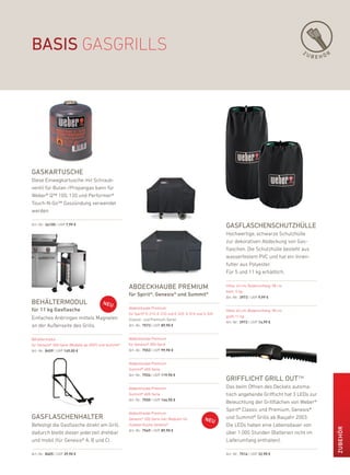basis GasGrills                                                                                                                                ZU
                                                                                                                                                     BEHÖR




gaskartusche
diese einwegkartusche mit Schraub-
ventil für butan-/propangas kann für
Weber® Q™ 100, 120 und performer®
Touch-n-Go™ Gaszündung verwendet
werden.

art.-nr.: 26100 | uVp 7,99 €                                                                                 gasFlaschenschutZhülle
                                                                                                             hochwertige, schwarze Schutzhülle
                                                                                                             zur dekorativen abdeckung von Gas-
                                                                                                             flaschen. die Schutzhülle besteht aus
                                                                                                             wasserfestem pVC und hat ein innen-
                                                                                                             futter aus polyester.
                                                                                                             für 5 und 11 kg erhältlich.

                                                       abdeckhaube Premium                                   höhe: 43 cm, bodenumfang: 98 cm
                                                                                                             klein, 5 kg
                                                       für spirit®, Genesis® und summit®                     art.-nr.: 3973 | uVp 9,99 €
behältermodul
                                                       abdeckhaube premium
für 11 kg Gasflasche                                                                                         höhe: 60 cm, bodenumfang: 98 cm
                                                       für Spirit® e-210, e-310 und e-320, S-310 und S-320
                                                                                                             groß, 11 kg
einfaches anbringen mittels Magneten                   (Classic- und premium-Serie)
                                                                                                             art.-nr.: 3972 | uVp 14,99 €
an der außenseite des Grills.                          art.-nr.: 7573 | uVp 89,90 €


behältermodul                                          abdeckhaube premium
für Genesis® 300-Serie (Modelle ab 2007) und Summit®   für Genesis® 300-Serie
art.-nr.: 8459 | uVp 149,00 €                          art.-nr.: 7553 | uVp 99,90 €


                                                       abdeckhaube premium
                                                       Summit® 400-Serie
                                                       art.-nr.: 7554 | uVp 119,90 €
                                                                                                             griFFlicht grill out™
                                                       abdeckhaube premium                                   das beim öffnen des deckels automa-
                                                       Summit® 600-Serie                                     tisch angehende Grifflicht hat 3 leds zur
                                                       art.-nr.: 7555 | uVp 144,90 €
                                                                                                             beleuchtung der Grillflächen von Weber®
                                                                                                             Spirit® Classic und premium, Genesis®
                                                       abdeckhaube premium
gasFlaschenhalter                                      Genesis® 300-Serie inkl. Modulen für                  und Summit® Grills ab baujahr 2003.
befestigt die Gasflasche direkt am Grill,              outdoor-küche Genesis®                                die leds haben eine lebensdauer von
                                                                                                                                                             ZuBEHör




                                                       art.-nr.: 7549 | uVp 89,90 €
dadurch bleibt dieser jederzeit drehbar                                                                      über 1.000 Stunden (batterien nicht im
und mobil (für Genesis® a, b und C).                                                                         lieferumfang enthalten).

art.-nr.: 8405 | uVp 39,90 €                                                                                 art.-nr.: 7516 | uVp 32,90 €
 
