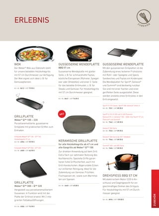 erlebnis                                                                                                                                 ZU
                                                                                                                                                BEHÖR




wok                                         gusseiserne wendePlatte gusseiserne wendePlatte
der Weber® Wok aus edelstahl steht          BBQ 57 cm                                   Mit den gusseisernen Grillplatten ist die
für unsere beliebten holzkohlegrills        Gusseiserne Wendeplatte mit glatter         Zubereitung eines leckeren frühstücks
mit 57 cm durchmesser zur Verfügung.        Seite, z. b. für schmackhafte fajitas,      mit rühr- oder Spiegelei und Speck,
der Wok eignet sich ideal z. b. für         köstliche eierspeisen (rühreier, Spiegel-   Sandwiches und fajitas ein kinderspiel.
Gemüsepfannen.                              eier oder omelettes) und einer 2. Seite     die Wendeplatten für Spirit®, Genesis®
                                            für das beliebte Grillmuster, z. b. für     und Summit® sind beidseitig nutzbar.
art.-nr.: 8412 | uVp 79,90 €                Steaks und Gemüse. für holzkohlegrills      Sie sind mit einer flachen und einer
                                            mit 57 cm durchmesser geeignet.             geriffelten Seite ausgestattet. diese
                                                                                        werden anstelle eines Grillrostes in den
                                            art.-nr.: 8431 | uVp 74,90 €                Grill eingesetzt.

                                                                                        Spirit® e-210 Classic, Spirit® 500, Genesis® Silver a
                                                                                        art.-nr.: 7531 | uVp 89,90 €


                                                                                        Spirit® e-310, e-320 und S-320 premium
grillPlatte                                                                             Genesis® b + C, Genesis® 700 – 5000, one-Touch® 57 cm,
Weber® Q™ 100 – 220                                                                     platinum® und Summit®
                                                                                        art.-nr.: 7542 | uVp 89,90 €
porzellanemaillierte, gusseiserne
Grillplatte mit praktischen Griffen zum                                                 Genesis® 300-Serie
einhaken.                                                                               art.-nr.: 7532 | uVp 89,90 €


Grillplatte Weber® Q™ 100 – Q™ 140,                                                     Genesis® 300-Serie (ab 2011-Modelle)
holzkohlegrills 57 cm                                                                   art.-nr.: 7566 | uVp 89,90 €
art.-nr.: 6504 | uVp 59,90 €                keramische grillPlatte
                                            für alle Holzkohlegrills ab 47 cm und       Summit® 400- und 600-Serie
Grillplatte Weber® Q™ 200 – Q™ 220          alle Gasgrills ab Weber® Q™ 100             art.-nr.: 7404 | uVp 89,90 €
art.-nr.: 6505 | uVp 64,90 €
                                            Zur direkten anwendung auf dem Grill.
                                            extra flach zur optimalen nutzung des
                                            kochbereichs. Spezielle Griffe garan-
                                            tieren hohe Griffsicherheit, auch mit
                                            Grill-handschuhen. abgerundete ecken
                                            zur einfachen reinigung. ideal für die
                                            Zubereitung von Gemüse, früchten,
                                            fischspeisen etc. sowie zum Warmhal-        drehsPiess bbQ 57 cm
                                            ten von Speisen.                            Mit elektrischem Motor (220-V-an-
grillPlatte                                                                             schluss) und Gegengewicht für ein
Weber® Q™ 300 – Q™ 320                      art.-nr.: 6465 | uVp 49,00 €                gleichmäßiges drehen des Grillguts.
hergestellt aus porzellanemailliertem                                                   für holzkohlegrills mit 57 cm durch-
Gusseisen. in funktion wird mit der                                                     messer geeignet.
                                                                                                                                                        ZuBEHör




platte der Grillrost ersetzt. Mit 2 inte-
grierten fettablauföffnungen.                                                           art.-nr.: 8494 | uVp 159,00 €



art.-nr.: 6506 | uVp 74,90 €
 